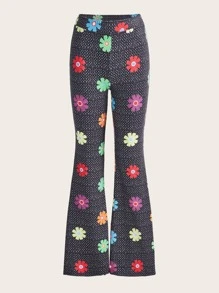 SHEIN ICON 花卉和幾何圖案喇叭褲 - 黑色 - 查看 1