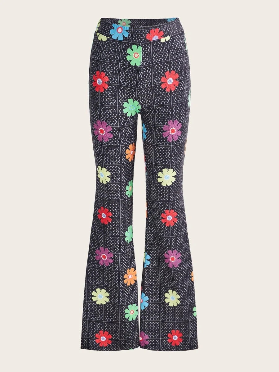 SHEIN ICON 花卉和幾何圖案喇叭褲 - 黑色 - 查看 1