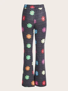 SHEIN ICON 花卉和幾何圖案喇叭褲 - 黑色 - 查看 2