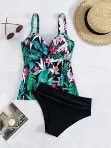 Swim Lushoire Summer Beach Tropical Print Ruched Tankini - Multicolor - View 4