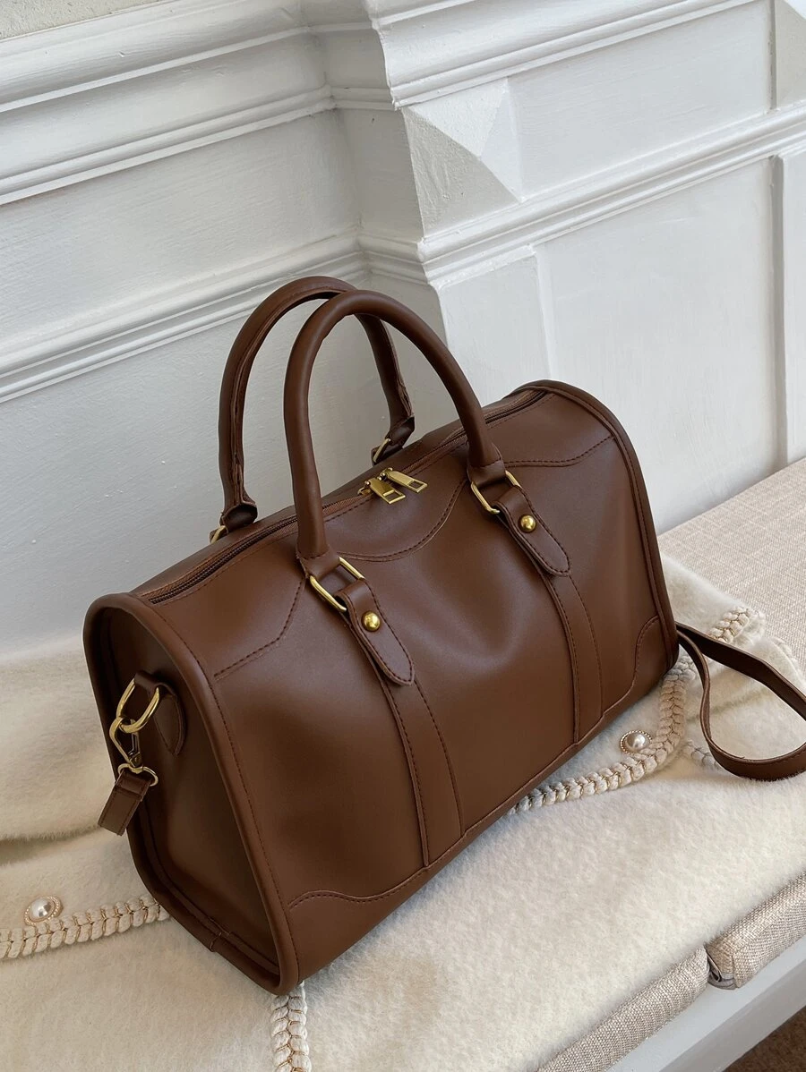 Studded Detail Duffel Bag Beach Bag For Summer Back To School For Travel Travel Essentials For Holiday Gym Bag For Camping Summer Accessories For Vacation Cruise Essentials For Hiking Travel Organizer Hospital Bag Travel Accessories For Camp - Coffee Brown - View 1