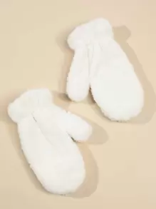 純色毛絨連指手套 - 白色 - 查看 2