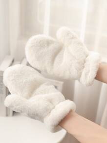 純色毛絨連指手套 - 白色 - 查看 3