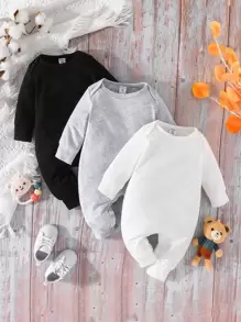 SHEIN 男婴 3 件套纯色圆领连体衣 - 彩色 - 查看 1