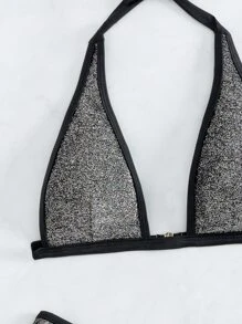 閃粉三角高腰夏季沙灘比基尼套裝 - 銀色 - 查看 3