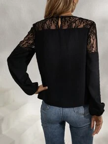 SHEIN LUNE Contrast Lace Lantern Sleeve Blouse - Black - View 2