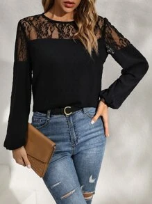SHEIN LUNE Contrast Lace Lantern Sleeve Blouse - Black - View 3