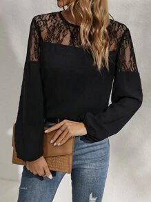 SHEIN LUNE Contrast Lace Lantern Sleeve Blouse - Black - View 4