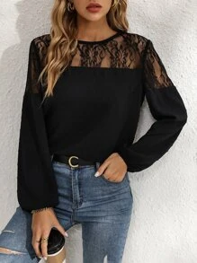 SHEIN LUNE Contrast Lace Lantern Sleeve Blouse - Black - View 5