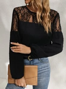 SHEIN LUNE Contrast Lace Lantern Sleeve Blouse - Black - View 6