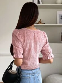 DAZY Square Neck Flounce Sleeve Peplum Blouse - Pink - View 2