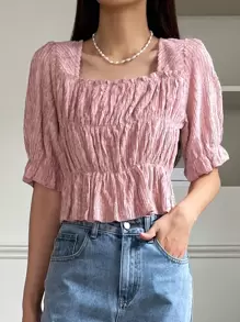 DAZY Square Neck Flounce Sleeve Peplum Blouse - Pink - View 1