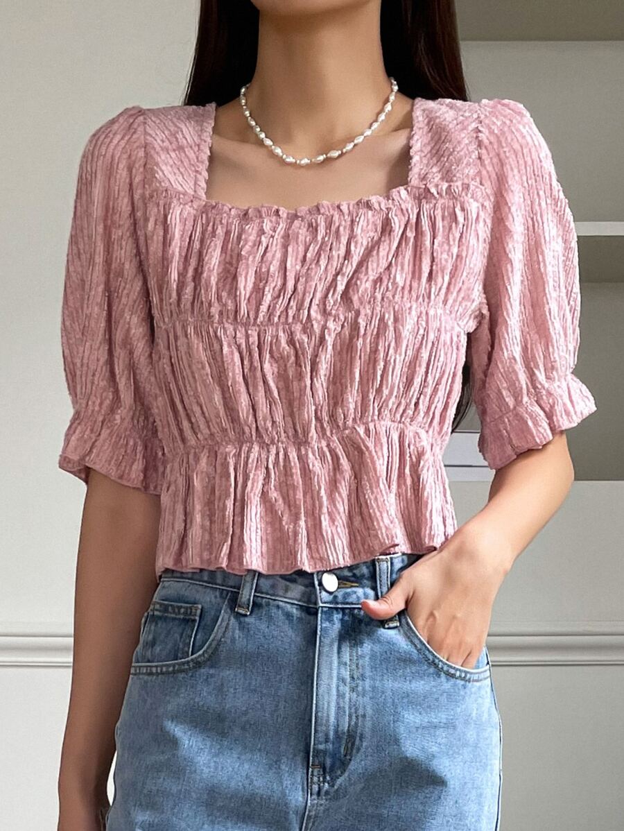 DAZY Square Neck Flounce Sleeve Peplum Blouse - Pink - View 1