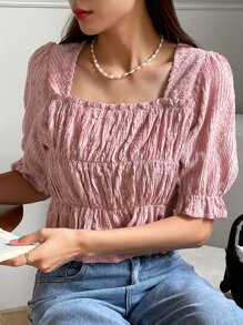 DAZY Square Neck Flounce Sleeve Peplum Blouse - Pink - View 6