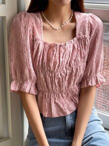 DAZY Square Neck Flounce Sleeve Peplum Blouse - Pink - View 7