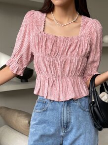 DAZY Square Neck Flounce Sleeve Peplum Blouse - Pink - View 8