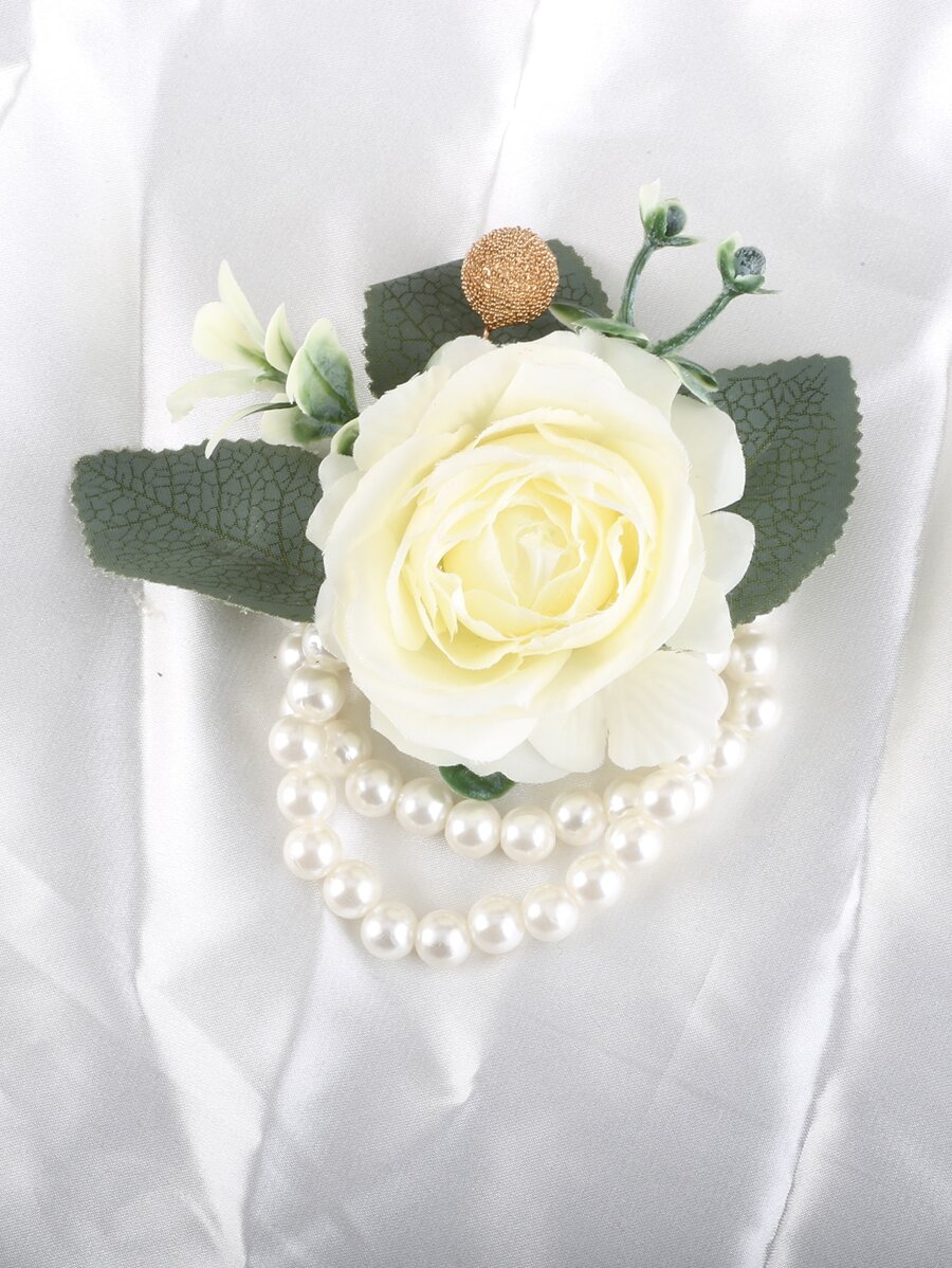 Flower & Faux Pearl Decor Wrist Corsage - Yellow - View 1