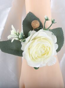 Flower & Faux Pearl Decor Wrist Corsage - Yellow - View 3