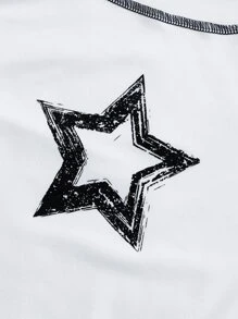 SHEIN ICON Camiseta de color combinado & con estampado de estrella con puntada - Blanco y Negro - Ver 4