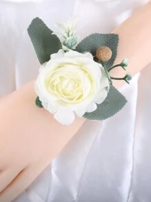 Flower & Faux Pearl Decor Wrist Corsage - Yellow - View 4