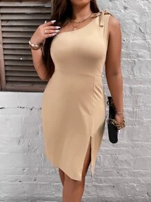 SHEIN Clasi Plus One Shoulder Knot Detail Split Thigh Dress - Apricot - View 1