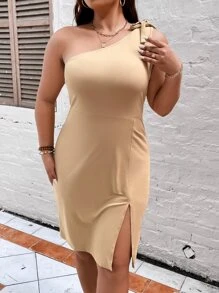 SHEIN Clasi Plus One Shoulder Knot Detail Split Thigh Dress - Apricot - View 3