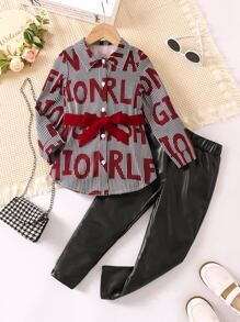 小女童字母圖案襯衫和PU皮革緊身打底褲