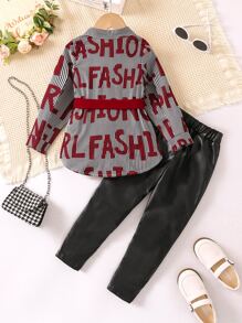 小女童字母圖案襯衫和PU皮革緊身打底褲