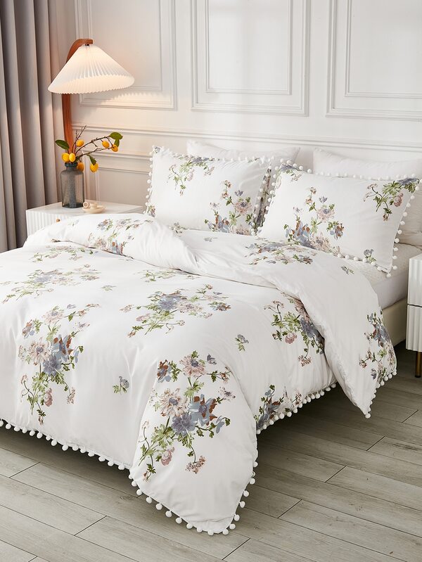 Floral Pattern Pom Pom Trim Duvet Cover Set Without Filler SHEIN UK