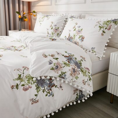 3pcs Floral Pattern Duvet Cover Set, With Pom Pom Tassel, Botanical Flower Pattern Bedding Set, Ruffle Trim, Soft Microfiber, Farmhouse Style Duvet Cover, 1 Duvet Cover, 2 Pillow Shams, Comforter Not Included, Suitable For All Seasons