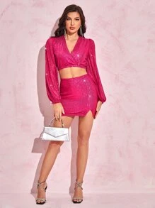 SHEIN BAE 燈籠袖短款亮片上衣和下擺開叉包臀半身裙 - 中紫紅色 - 查看 3