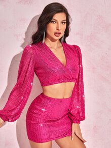 SHEIN BAE 燈籠袖短款亮片上衣和下擺開叉包臀半身裙 - 中紫紅色 - 查看 5