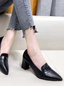 Point Toe Chunky Heeled Loafer Pumps - Black - View 1
