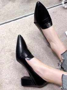 Point Toe Chunky Heeled Loafer Pumps - Black - View 2