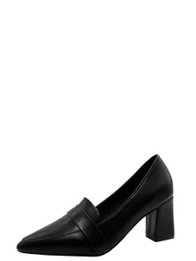 Point Toe Chunky Heeled Loafer Pumps - Black - View 3