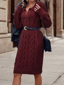 SHEIN LUNE Cable Knit Drop Shoulder Jumper Dress Without Belt - Burgundy - View 3