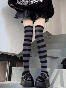 1 đôi Của phụ nữ Y2K Đen & Màu xám Sọc Vượt lên đầu gối Vớ , Thời trang Đường phố Phong cách Học viện - Nhiều màu - Xem 5