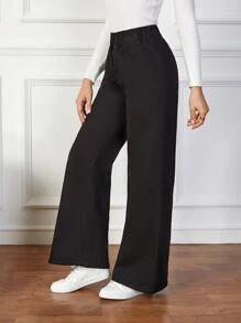 SHEIN Essnce Elastic Waist Wide Leg Jeans - Black - View 5