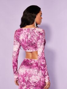 SHEIN BAE Floral Print Cowl Neck Crop Top - Pink - View 3