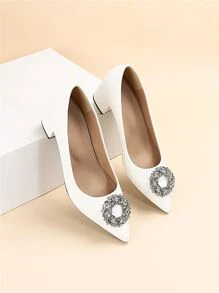 Rhinestone Decor Point Toe Chunky Heeled Court Pumps - White - View 1