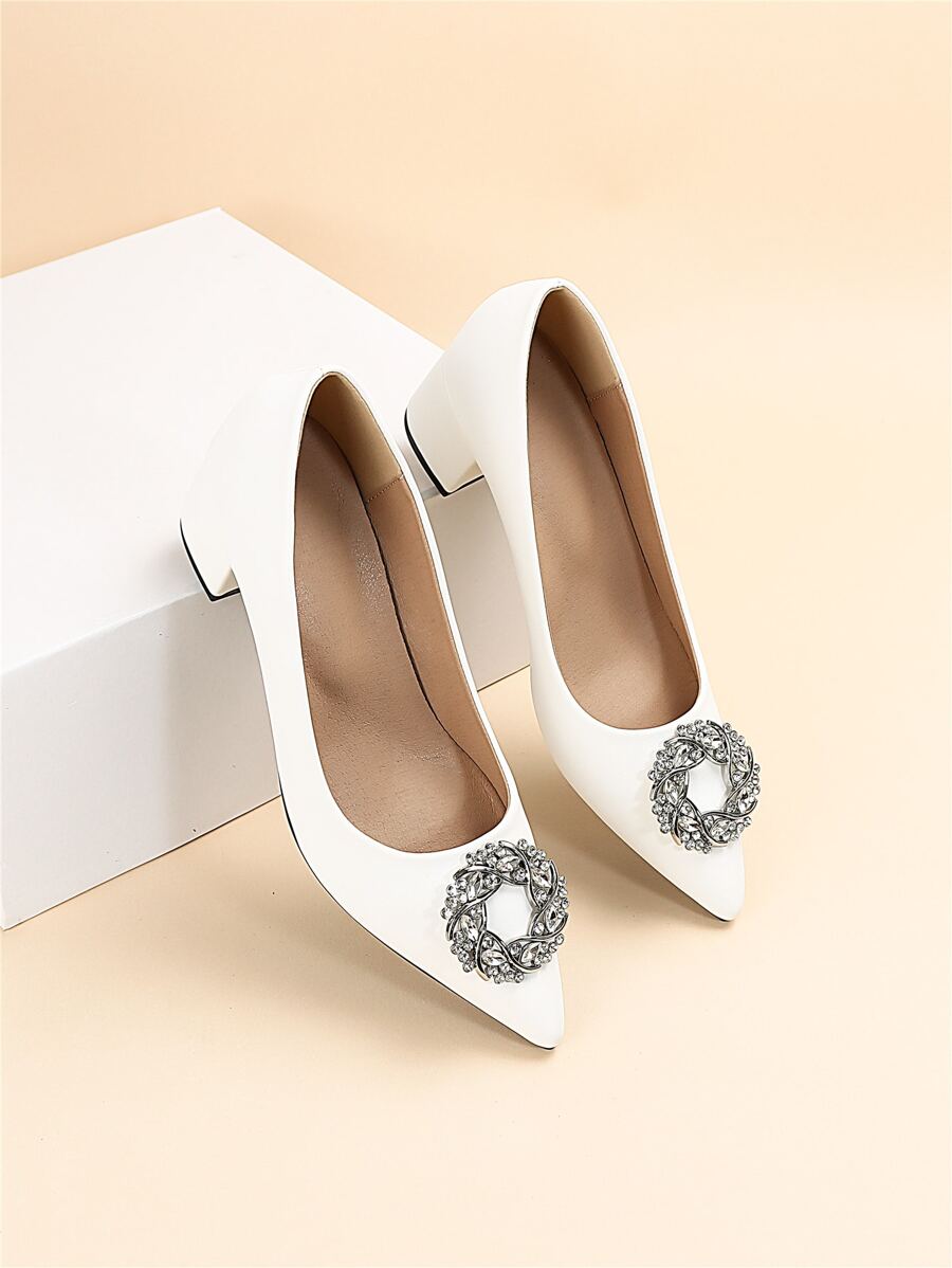 Rhinestone Decor Point Toe Chunky Heeled Court Pumps - White - View 1