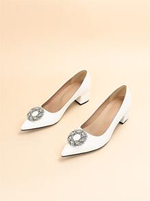 Rhinestone Decor Point Toe Chunky Heeled Court Pumps - White - View 2