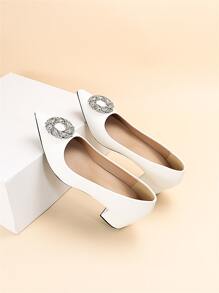 Rhinestone Decor Point Toe Chunky Heeled Court Pumps - White - View 4