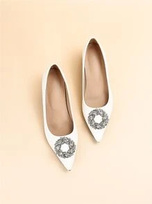 Rhinestone Decor Point Toe Chunky Heeled Court Pumps - White - View 5