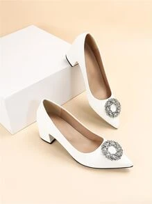 Rhinestone Decor Point Toe Chunky Heeled Court Pumps - White - View 7