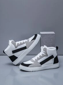 Men Colorblock High Top Lace-up Front Skate Shoes - Black and White - View 1