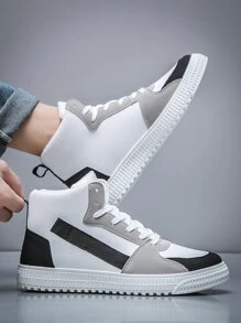 Men Colorblock High Top Lace-up Front Skate Shoes - Black and White - View 2