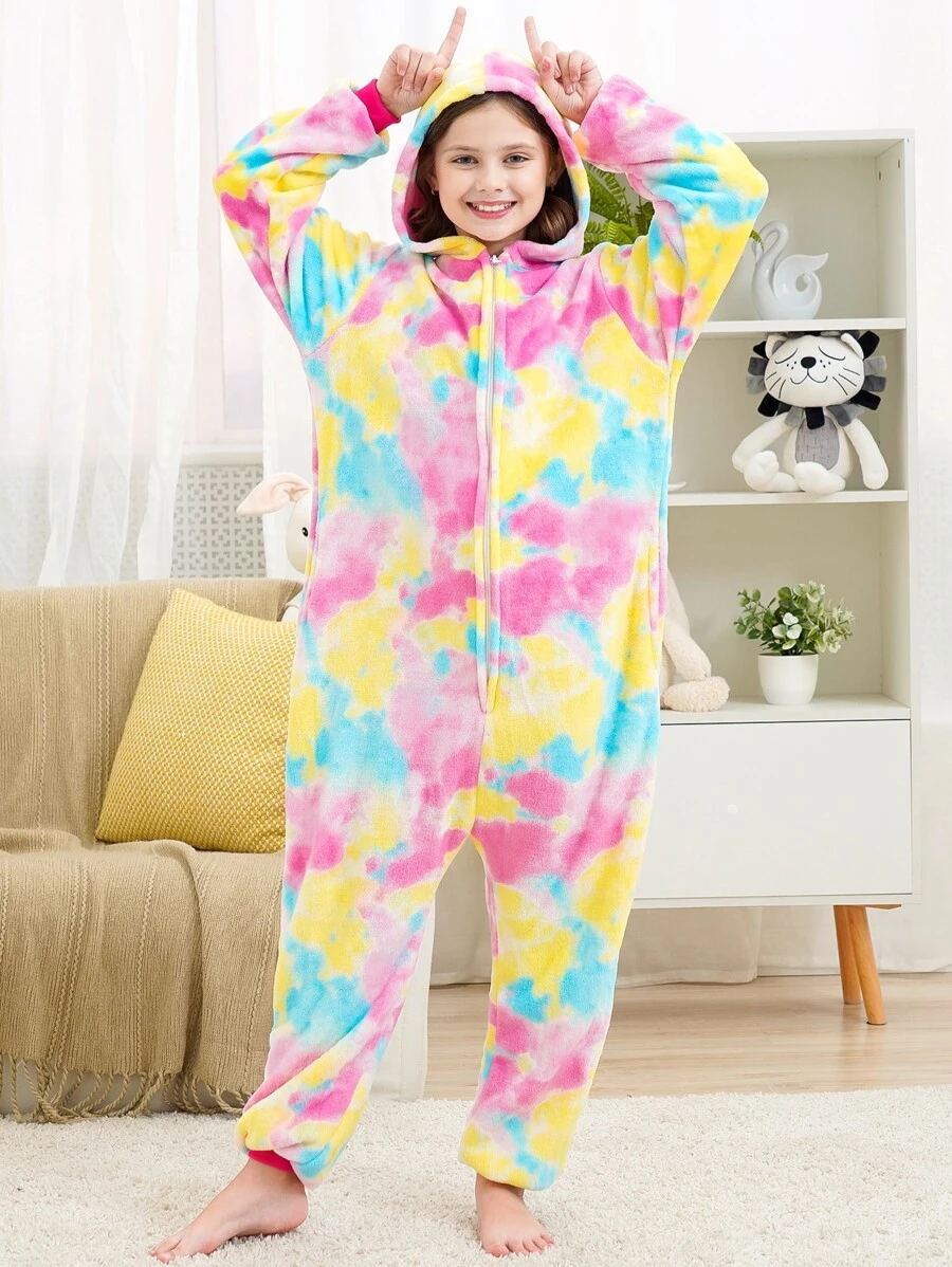 女孩紮染斜口袋連帽法蘭絨連體睡衣