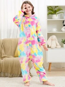 女孩紮染斜口袋連帽法蘭絨連體睡衣