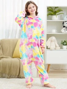女孩紮染斜口袋連帽法蘭絨連體睡衣